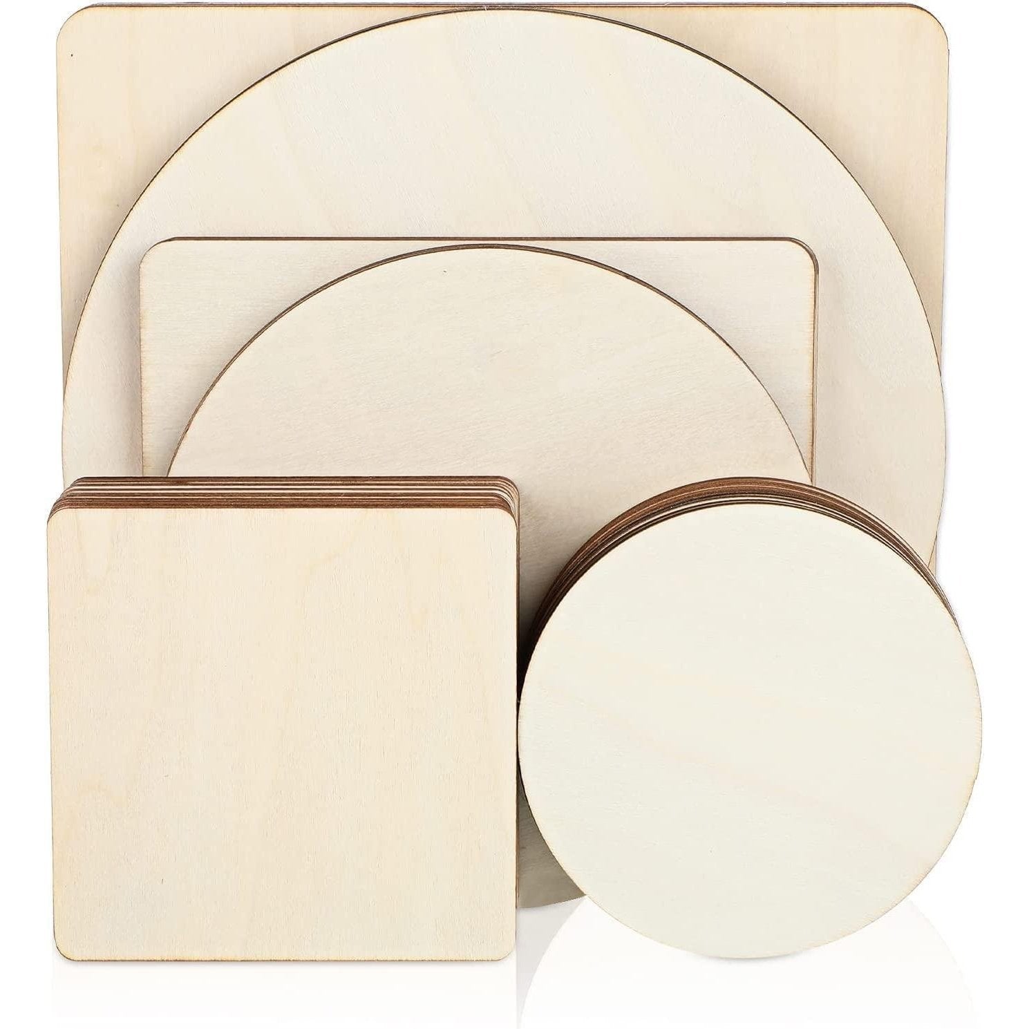 Haoser 18 Pieces Unfinished Blank Wood Pieces Wooden Squares for Crafts Natural Wooden Cutouts Tiles Round Wood Circles